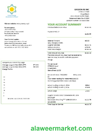 Israel Green Energy Association of Israel business utility bill template in Word and PDF formats